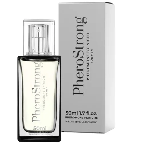Parfümflasche und Verpackung von PheroStrong Pheromone by Night für Männer, 50 ml.