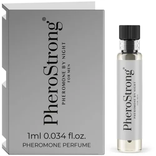 Graue Verpackung und Fläschchen von PheroStrong Pheromon-Parfüm für Männer, 1 ml.