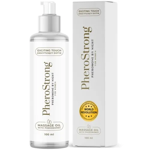 PheroStrong massage oil with pheromones for women, 100 ml bottle and packaging, "Exciting Touch" inscription.