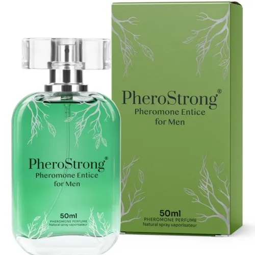 Green PheroStrong perfume bottle and packaging with white branches, 50 ml, for men.