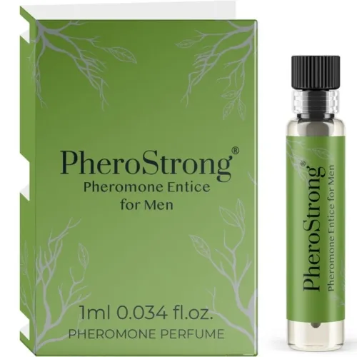 Green packaging and bottle of PheroStrong pheromone perfume for men, 1 ml.