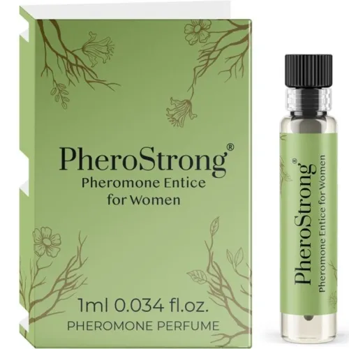 Green packaging and bottle of PheroStrong pheromone perfume for women, 1 ml.