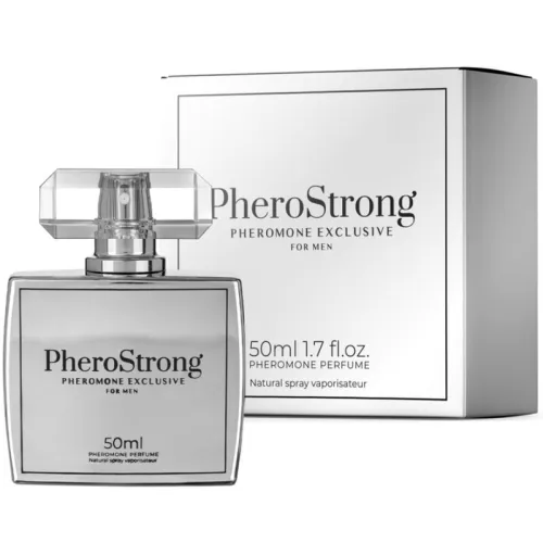 Parfümflasche und Verpackung von PheroStrong Pheromone Exclusive für Männer, 50 ml.