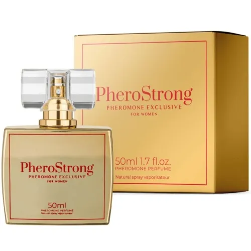 Parfümflasche und Verpackung von PheroStrong, Pheromon-Exklusivduft für Frauen, 50 ml.