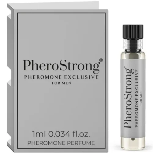 Grey packaging and bottle of PheroStrong pheromone perfume for men, 1 ml.