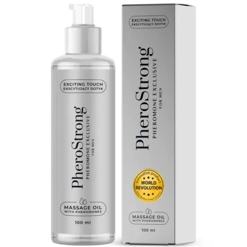 Bottle and packaging of PheroStrong massage oil with pheromones for men, 100 ml, with "Exciting Touch" inscription.
