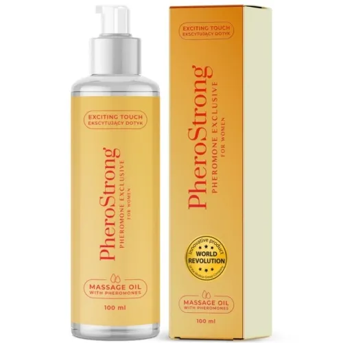 Flasche und Verpackung von PheroStrong Massageöl mit Pheromonen, 100 ml, für Frauen.