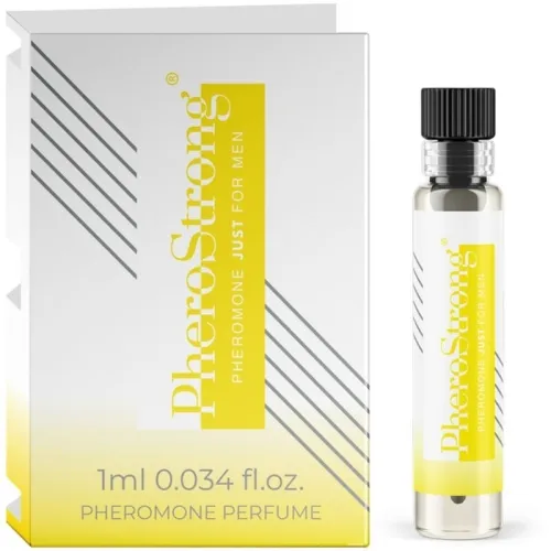PheroStrong pheromone perfume for men, 1 ml bottle next to packaging with yellow design.
