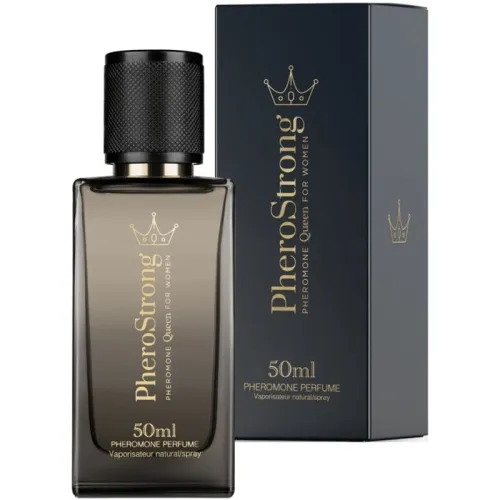Parfümflasche und Verpackung von PheroStrong, 50 ml, mit goldener Krone und Schriftzug.