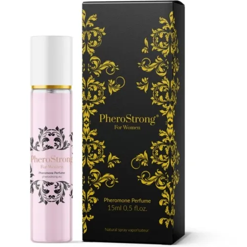 Perfume bottle and box of PheroStrong for women, 15 ml, with gold decorations on a black background.