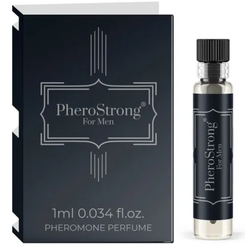 Schwarze Verpackung und Fläschchen von "PheroStrong For Men" Pheromon-Parfüm, 1 ml, 0.034 fl. oz.