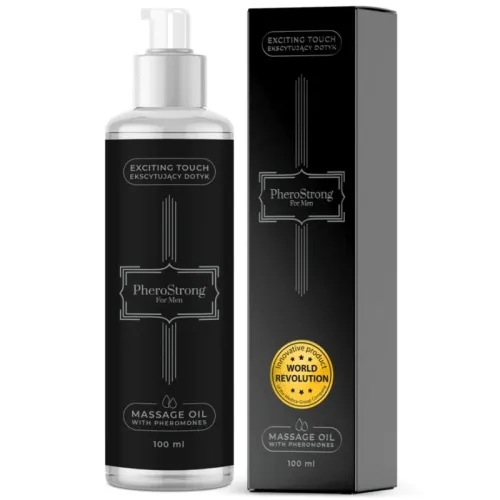 Black bottle and packaging of PheroStrong massage oil for men, 100 ml, with pheromones.