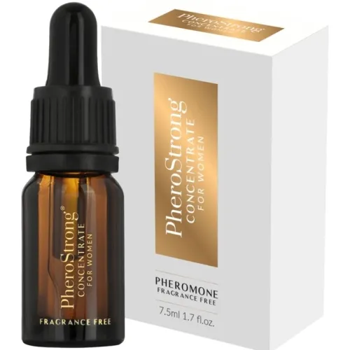 Brown bottle with pipette, next to it white packaging with gold lettering "PheroStrong Concentrate for Women".