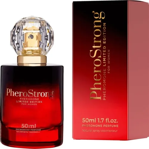 Rotes Parfümfläschchen "PheroStrong" mit goldener Schrift und passender Verpackung, 50 ml, für Frauen.