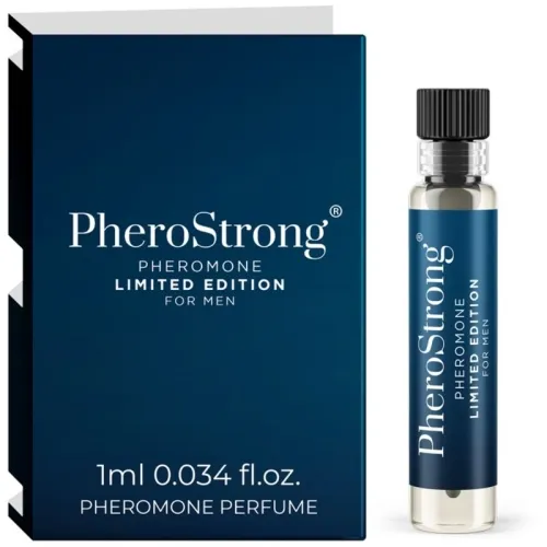 PheroStrong Pheromon-Parfüm für Männer, Limited Edition, 1 ml Fläschchen neben Verpackung.