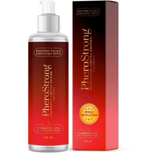 Red bottle and packaging of PheroStrong massage oil with pheromones, 100 ml, Limited Edition for women.