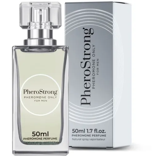 Parfümflasche und Verpackung von PheroStrong, Pheromon-Parfüm für Männer, 50 ml.