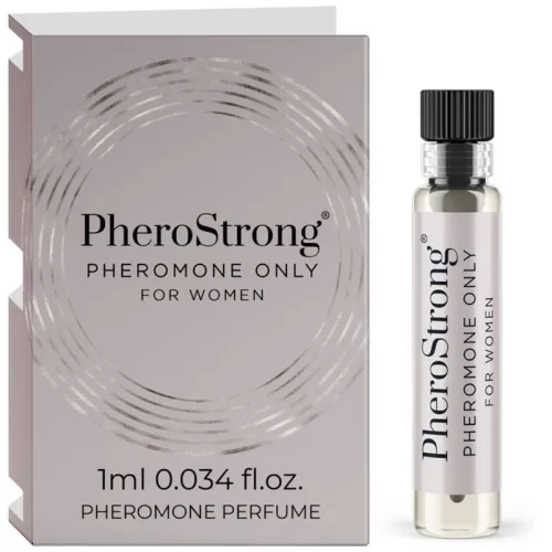 PheroStrong Pheromon-Parfüm für Frauen, 1 ml Fläschchen neben Verpackung.