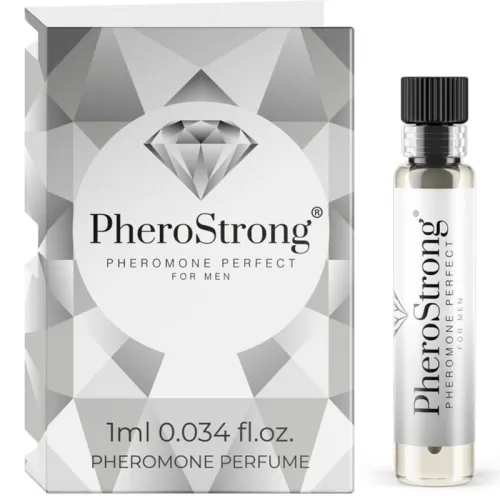 PheroStrong pheromone perfume for men, 1 ml bottle next to the packaging with diamond design.