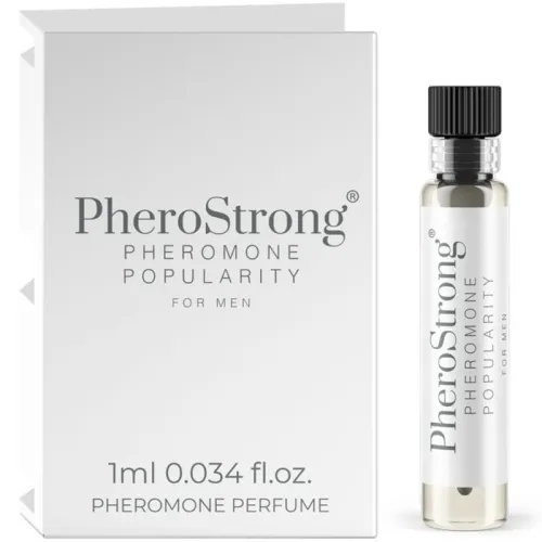 PheroStrong pheromone perfume for men, 1 ml bottle next to packaging.