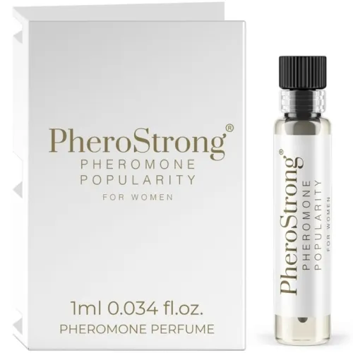 PheroStrong Pheromon-Parfüm für Frauen, 1 ml Fläschchen neben weißer Verpackung.