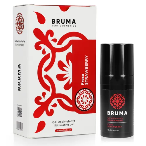 Bruma Stimulating Gel, Erdbeerduft, 15 ml, weiße Verpackung mit rotem Muster und schwarzer Flasche.