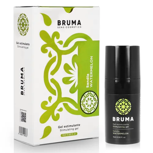Bruma Sens Cosmetics Stimulating Gel, Sandia Watermelon, 15ml, mit grünem Design auf Verpackung und schwarzer Flasche.