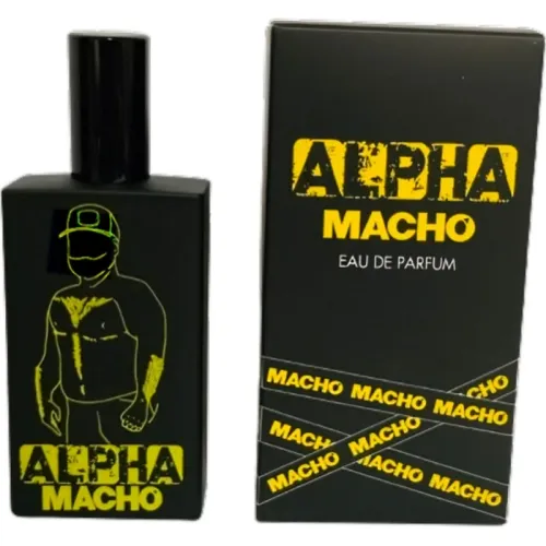 Schwarze Parfümflasche und Verpackung mit gelbem "Alpha Macho" Schriftzug und gezeichneter Figur.
