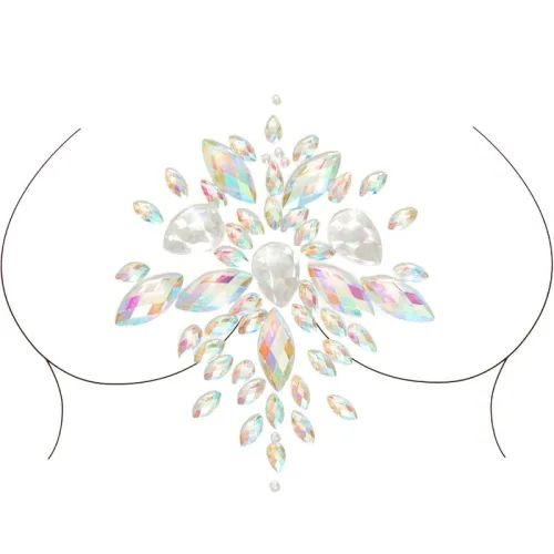 Bunte, schillernde Strasssteine in Blumenform auf weißem Hintergrund.