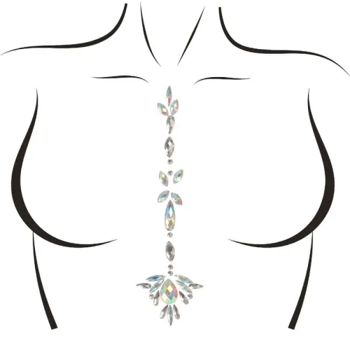 Gemstones arranged vertically on a stylized torso, with floral and geometric shapes.