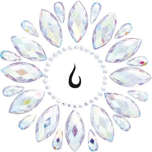 Kristallförmige Edelsteine in Kreisform um ein schwarzes Symbol auf weißem Hintergrund.