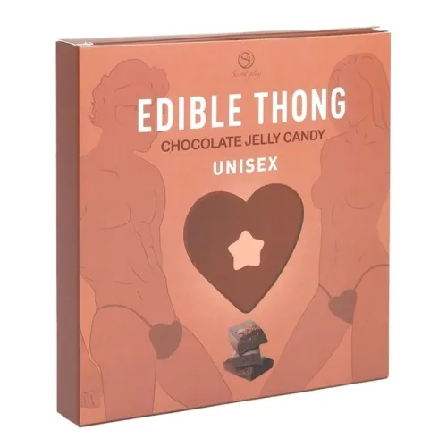 Verpackung eines essbaren Schokoladen-Strings, unisex, mit Silhouetten von Personen und Schokoladenstücken.