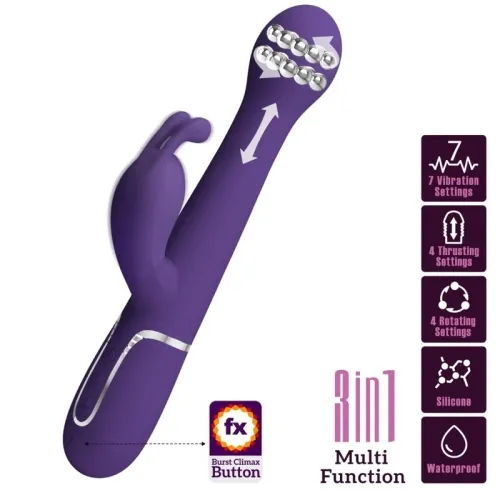 Lila Vibrator mit Kaninchenaufsatz, 7 Vibrationsmodi, 4 Stoß- und Rotationsmodi, wasserdicht, Silikon.