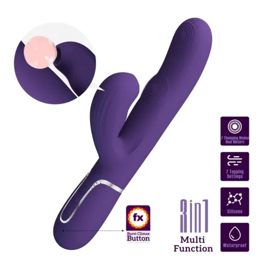 Lila Vibrator mit zwei Armen, mehreren Funktionen, wasserdicht, aus Silikon, mit 7 Modi und Burst Climax Button.