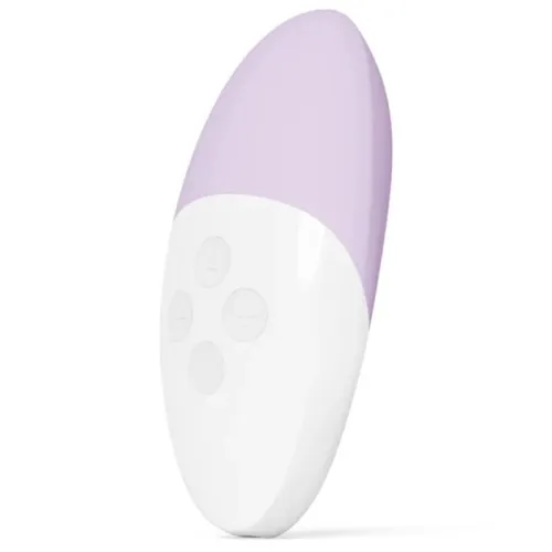 Purple and white oval handheld controller with three buttons on the front.