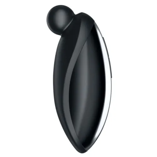Black, ergonomic massage device with a round head, side view.