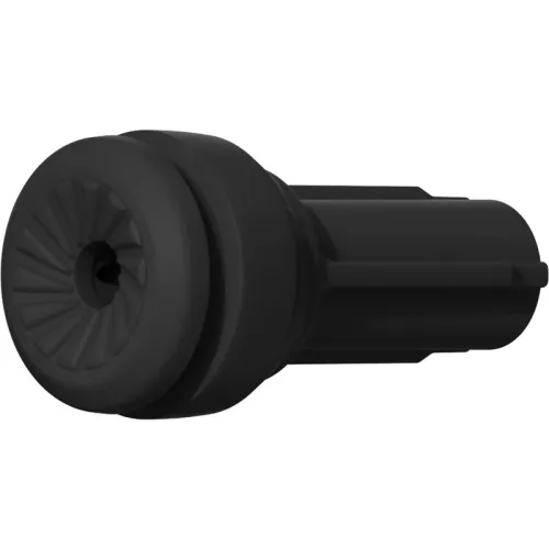 Black, cylindrical plastic part with a ribbed surface and central opening, viewed from the side.