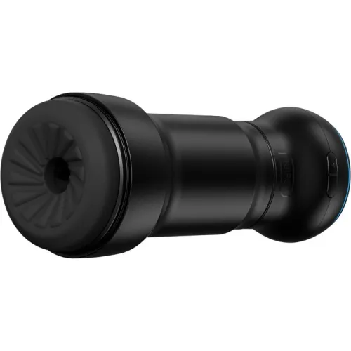 Black cylindrical device with a textured end and smooth surface, lying on its side.