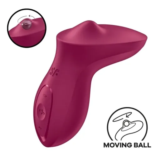 Red vibrator with movable ball and controls, side view.
