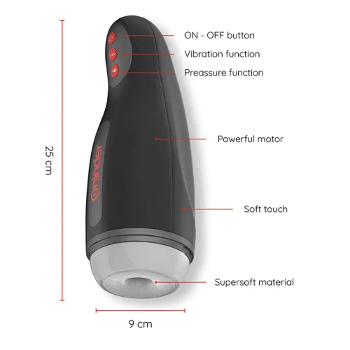 Schwarzes Gerät mit Tasten, 25 cm hoch, 9 cm breit, weiches Material, leistungsstarker Motor, Vibrations- und Druckfunktion.