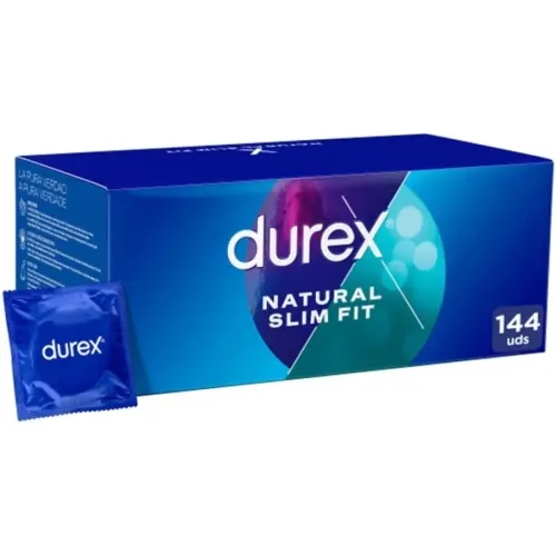 Durex Natural Slim Fit Kondomverpackung, 144 Stück, blaue Schachtel mit einem einzelnen Kondom im Vordergrund.