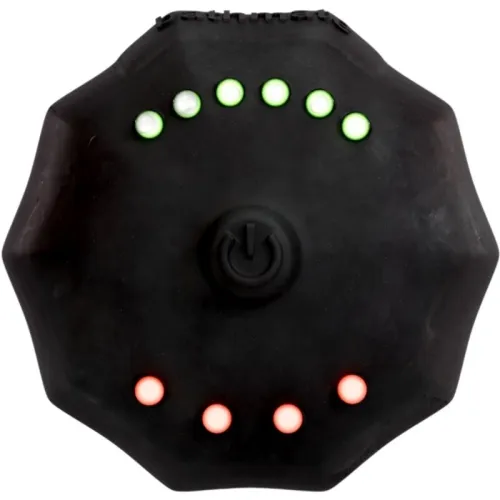Black device with green and red LED light circuit and central on/off switch.