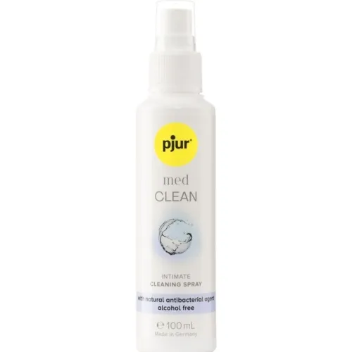 Weißes Sprayfläschchen "pjur med CLEAN" für Intimhygiene, 100 ml, alkoholfrei, antibakteriell, hergestellt in Deutschland.