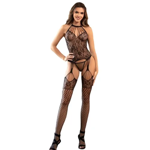 Mesh bodystocking without crotch, with floral details and black halter neck – Subblime