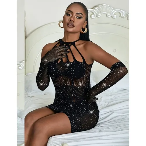 Mesh bodystocking with rhinestones and black gloves – Subblime