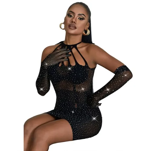 Mesh bodystocking with rhinestones and black gloves – Subblime