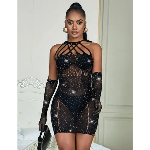 Mesh bodystocking with rhinestones and black gloves – Subblime