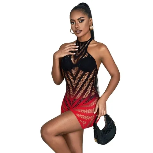 Red and Black Elastic Mesh Bodystocking with Cut-Off Detail – Subblime