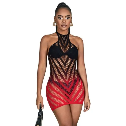 Red and Black Elastic Mesh Bodystocking with Cut-Off Detail – Subblime