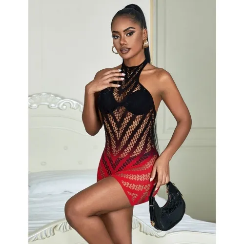 Red and Black Elastic Mesh Bodystocking with Cut-Off Detail – Subblime